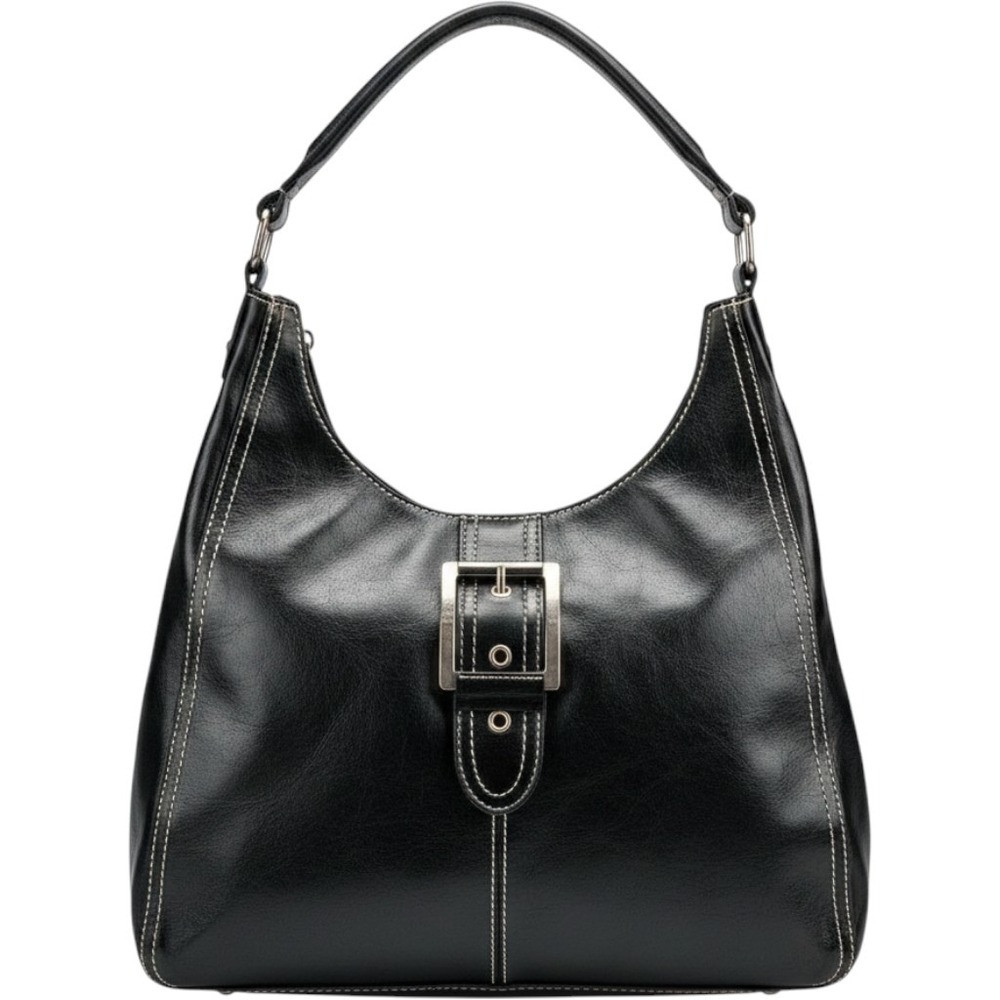 Vintage Black Genuine Leather Hobo Shoulder Bag Contrast Stitch Buckle Detail